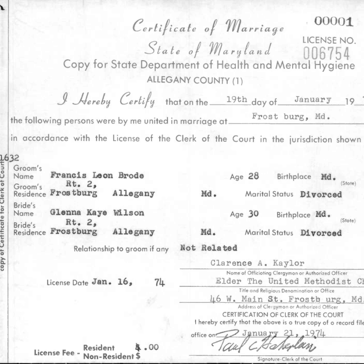 Maryland 1974 Marriage Certificates